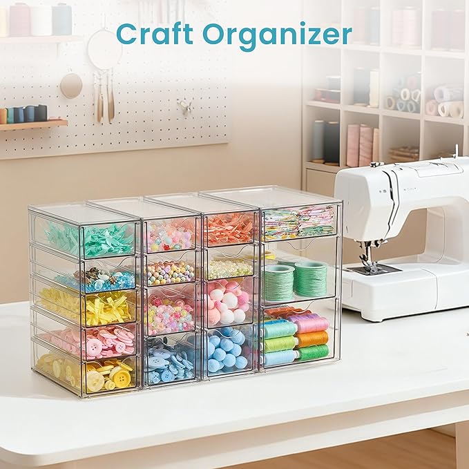 Vtopmart 4 Set Clear Desk Organizer, Pen Organizer with 16 Drawers, Acrylic Desktop Organization and Storage for Office Suppl