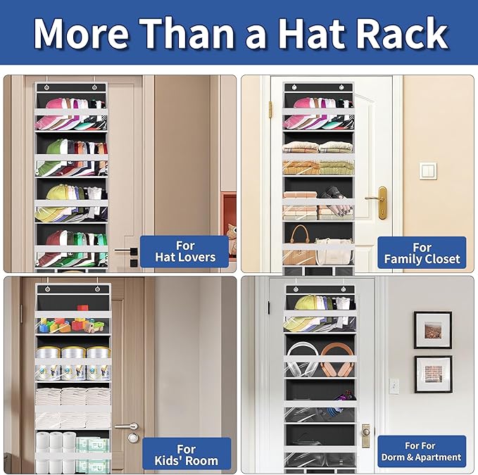 KYEVIS Over The Door Hat Organizer for Baseball Caps - Holds up 60 Hat Rack with Extra Large Row for Cowboy, Hat Storage for 