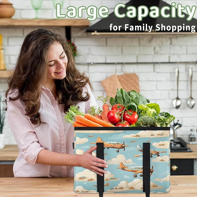 Reusable Grocery Bags Heavy Duty Shopping Bags Foldable Large Tote Bags with Long Handles & Hard Bottom