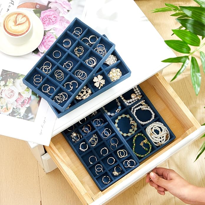 Junkin 12 Pcs Jewelry Tray Velvet Stackable Jewelry Organizer Trays Divided Earring Accessories Storage Containers Box (Rose 