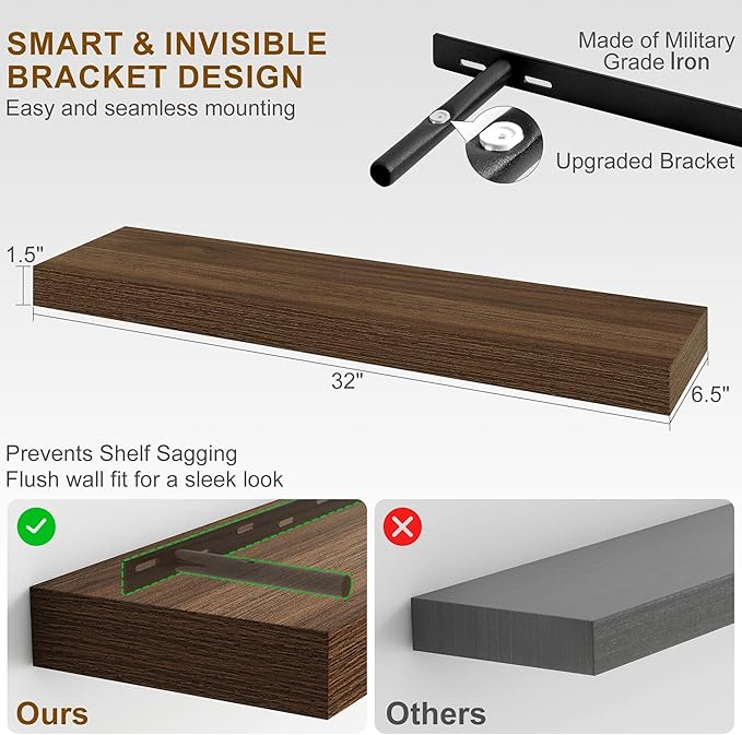 Fun Memories Floating Shelves for Wall, 32Inch Floating Shelves Set of 2, Hanging Shelf with Invisible Brackets, Wood Shelves