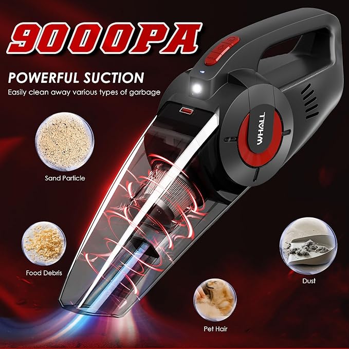 Whall Handheld Cordless Car Vacuums, Wet and Dry Use 9000Pa Strong Suction Vacuums, Rechargeable Portable Vacuum Cleaner with