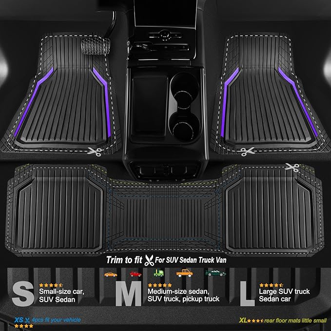 CAR PASS Heavy Duty Rubber Floor Mats for Car, Waterproof Liner Deep Dish Car Mats Full Sets, Universal Trim to Fit for SUV Truck Sedans Vans, All Weather Automotive Floor Mats 3pcs, Black Purple
