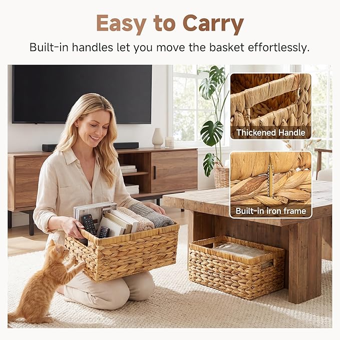 StorageWorks Wicker Storage Baskets, Handwoven Water Hyacinth Basket for Organizing, Decorative Organizers with Built-in Hand