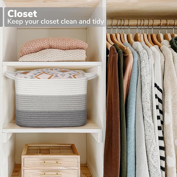 Goodpick Woven Storage Basket, Closet Storage Bins for Books, Towels, Cotton Rope Organizer with Handles, Square Toy Gift Bas
