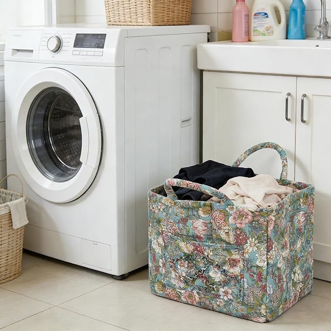 Quilted Laundry Basket with Handles - Multi-Purpose Fabric Storage Basket，Boho Fabric Storage Baskets with Handles for Car, H