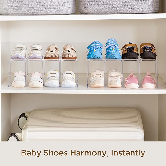 HBlife Clear Acrylic Kids Shoe Rack for Closet, 6 Pack, 4 Sections, Stackable, Crystal Clear, 4 Pairs Capacity