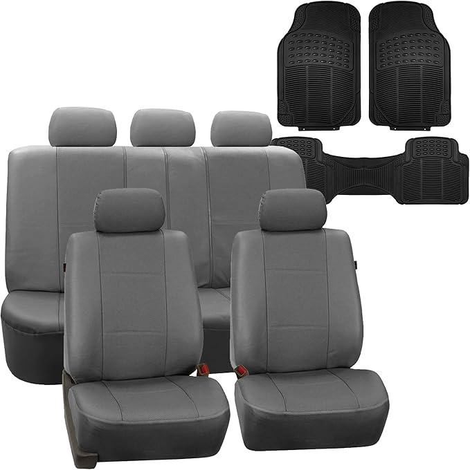 FH Group Car Seat Cover Gray Full Set Deluxe Leatherette Protector Interior Accessories Universal Fit Full Set - Airbag Compa