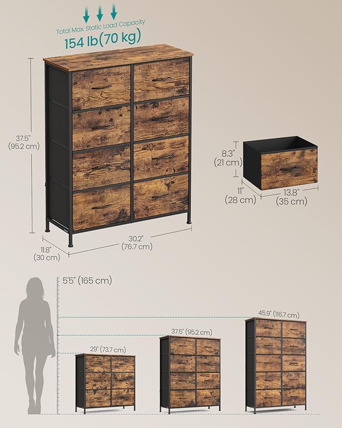 SONGMICS Dresser for Bedroom, Chest of Drawers, Steel, MDF, 8 Non-Woven Fabric Drawers, Storage Organizer Unit, Closet, Entry
