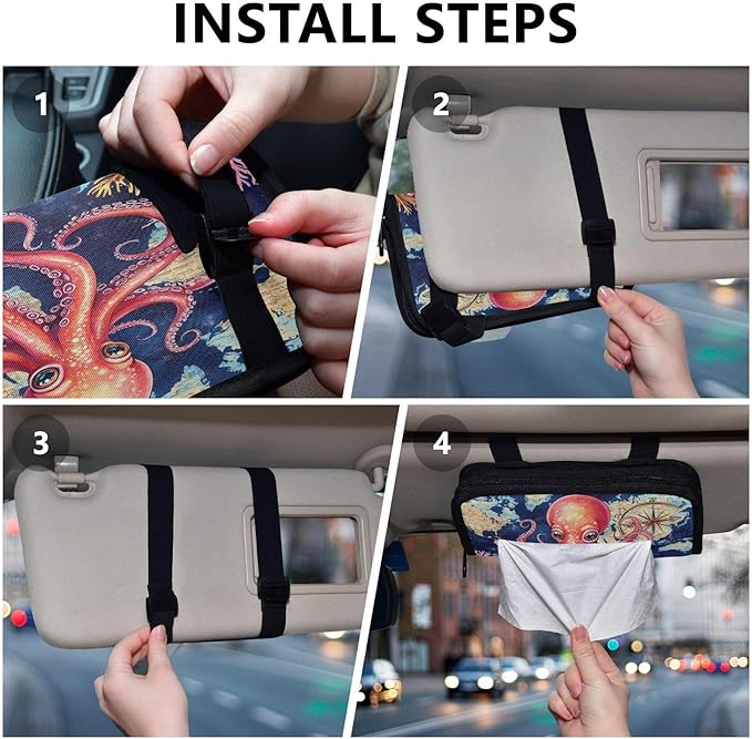 Car Tissue Holder Car Visor Organizer Tissue Box Holder for Car Sun Visor Organizer with Car Vehicle Accessories Essentials Interior for Women Men Blue Octopus Map Compass Coral