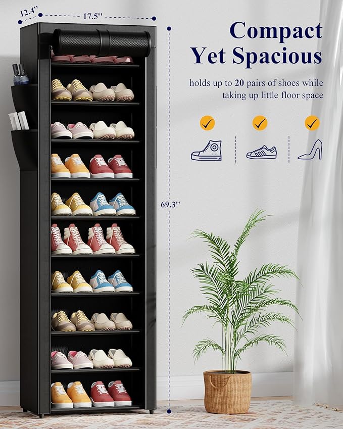 Kitsure Shoe Rack - 10-Tier Large Capacity Shoe Organizer Shelf with Dust Cover & Side Pockets, Rust-Proof Metal Shoe Rack fo
