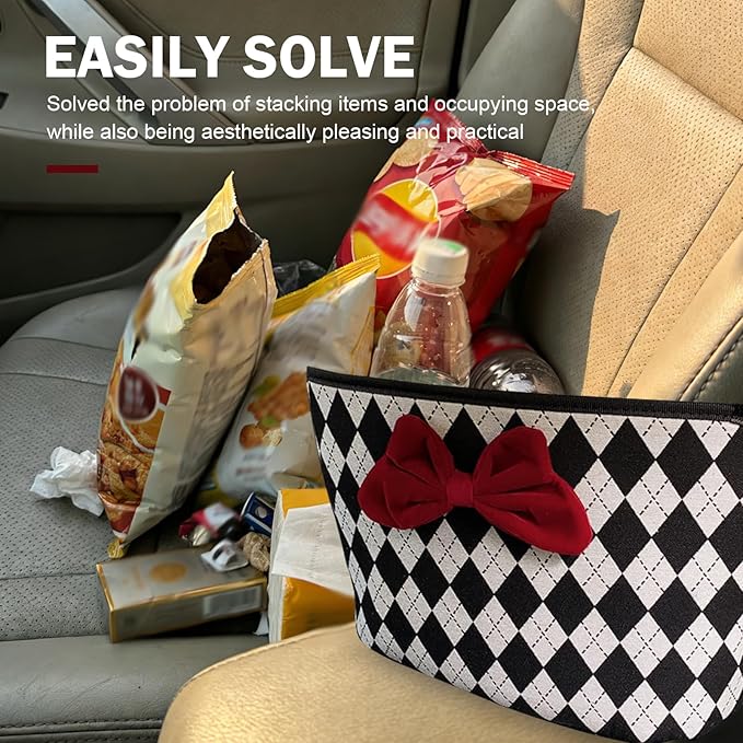 Car Backseat Organizer, Argyle Pattern Auto Seat Gap Storage Bag with Bowknot Decor, Vehicle Interior Hanging Organizer for Small Items, Universal for Most Cars