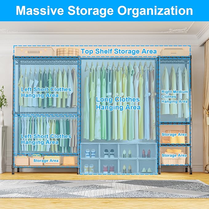 Ulif E10 Clothes Rack（With Stretchable Hanger Rod）Freestanding Clothing Racks for Hanging Clothes，Adjustable Closet Organizer