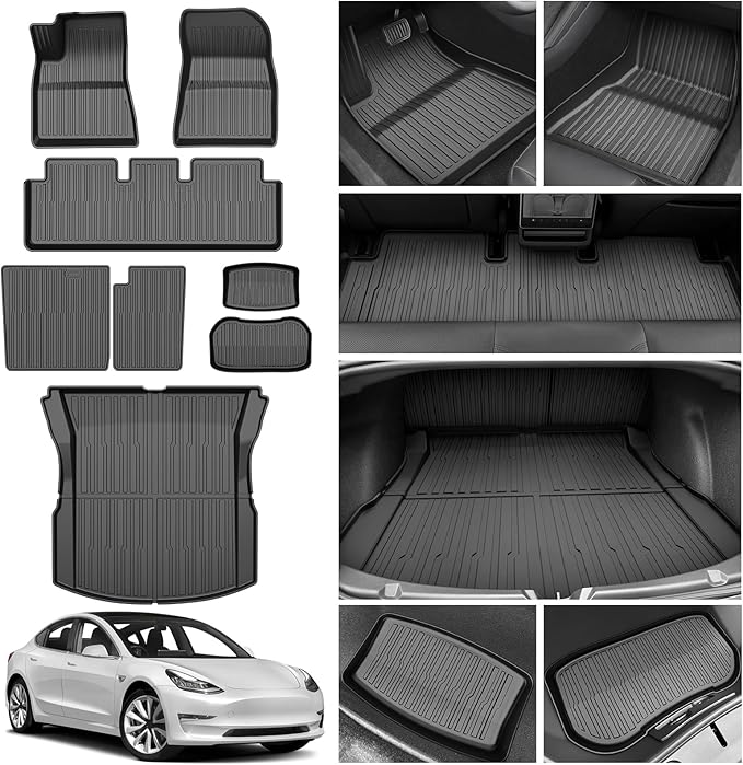 Powerty Floor Mats for 2024 2025 2026 Tesla Model 3 Highland 8 PCS Floor Cargo Liners Full Set All Weather TPE 3D 2 Row Liner Front Rear Storage Mat and Rear Seat Back Mats