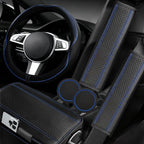 NBTEPEM 6 PCS Car Steering Wheel Cover Set, Microfiber Leather Steering Wheel Covers Universal 14.5-15 inch, Center Console Cover, Seat Belt Cushion, Cup Holder Coaster, Car Accessories Set Blue