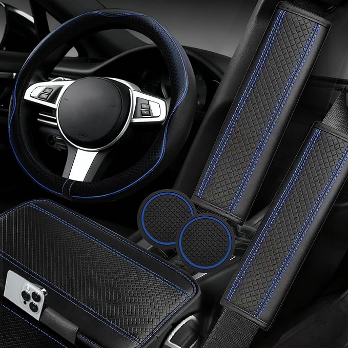 NBTEPEM 6 PCS Car Steering Wheel Cover Set, Microfiber Leather Steering Wheel Covers Universal 14.5-15 inch, Center Console Cover, Seat Belt Cushion, Cup Holder Coaster, Car Accessories Set Blue