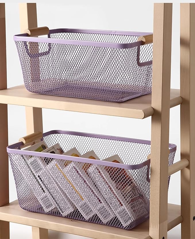 AJIODA Metal Mesh Steel Basket, Medium Wire Storage Organizer Basket Multi-function Hanging Kitchen Basket with Wood Handle f