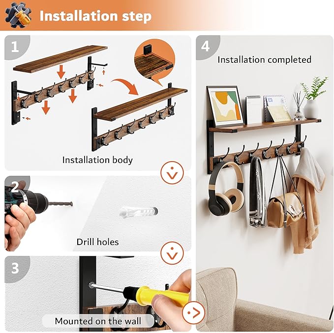Oraich Wall Hooks with Shelf, 28.7 Inch Coat Rack Wall Mount with Hook for Coat Backpack Key Clothes Hanger, Wall Floating Sh