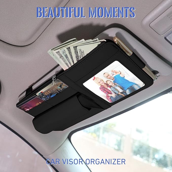 Car Sun Visor Organizer, Visor Organizer Storage Pouch with Picture Frame and Sunglasses Holder, Practical Car Accessory for Organizing Essentials - Black