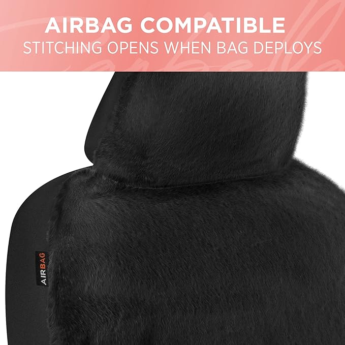 Carbella Sheepskin Car Seat Covers, 2-Pack Faux Fur, Front Seats Only, Cute Automotive Seat Covers For Cars (Black)