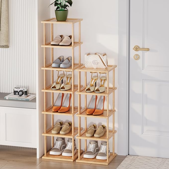 Vertical Tall Shoe Rack Organizer for Entryway -12 Tier Free Standing Slim Narrow Bamboo Wood Corner Stackable Shoe Boots Sto