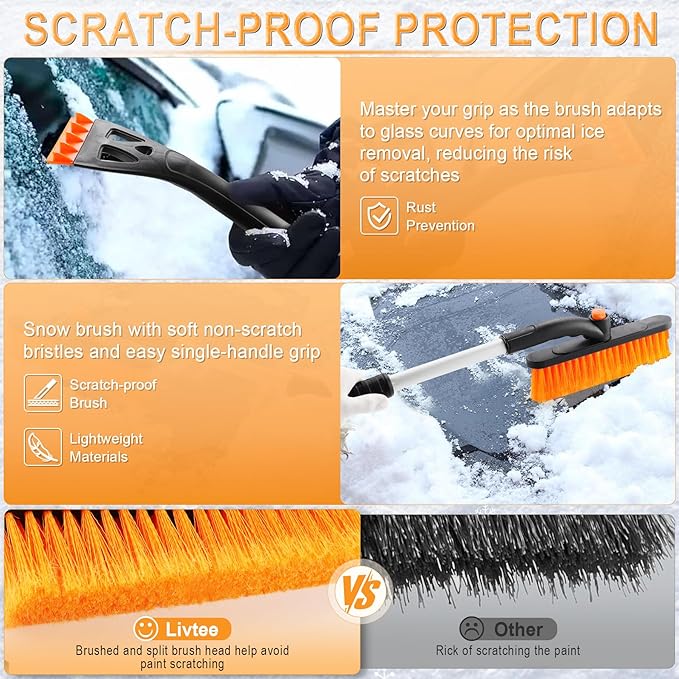 LivTee 32" Extendable Ice Scraper & Snow Brush for Car Windshield, 360° Rotating Snow Removal Tool for Cars, Trucks & SUVs, Automotive Winter Essentials & Car Accessories for Men, Orange
