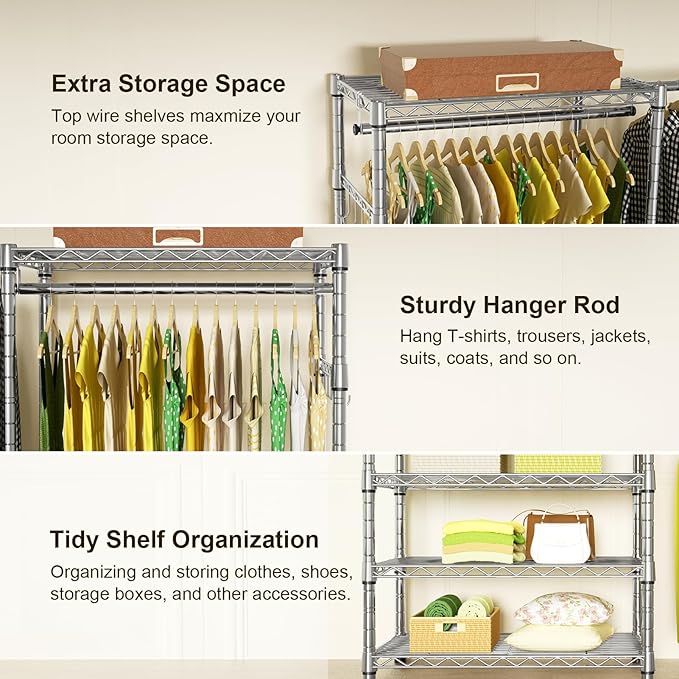 Ulif E1 Heavy Duty Closet Garment Rack, 6 Tiers Adjustable Metal Freestanding Expandable Clothing Storage with 4 Hanger Rods,