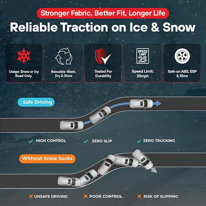 Snow Socks for Tires | Alternative for Tire Snow Chains | Ultra Grip Series | Reusable Snow Traction Device for Passenger Car