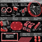 NBTEPEM 27 PCs Red Bling Car Accessories Set for Women, Steering Wheel Covers Universal Fit 15 Inch, Bling License Plate Frame, Bling Phone Holder, Bling Car Coasters (Red Diamond)