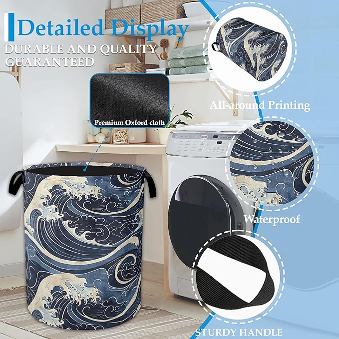 Vintage Sea Waves Large Storage Basket Collapsible Laundry Basket Oxford Storage Bin for Toy Bins Gift Baskets Bedroom Clothe