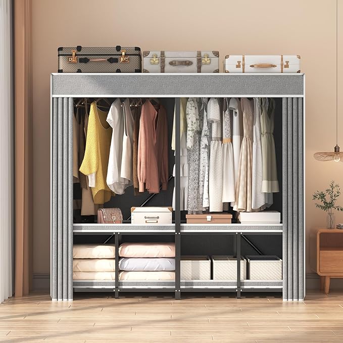 Foldable Wardrobe Closet, Clothes Rack with Cover for Bedroom, Portable Metal Closet Organizer, Thick Steel Tubes, Heavy Duty