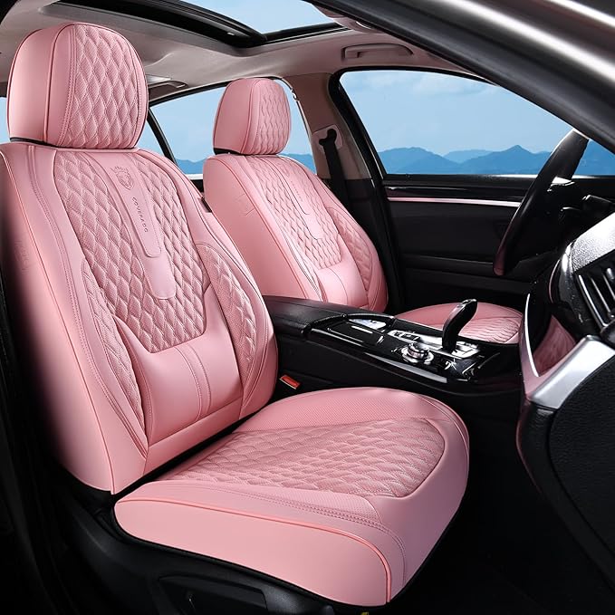 Coverado Seat Covers Full Set, Luxury Leather Pink Car Seat Covers for Car with Lumbar Support, Automotive Seat Covers Waterp