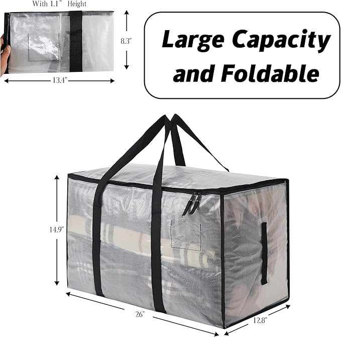 6-Pack Extra Large Clear Moving Bags with Zippers, 93L Heavy Duty Storage Totes with Wrap-Around Handles, Collapsible Clothes