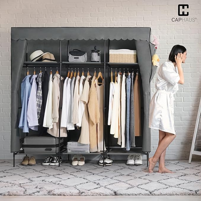 CAPHAUS 67-Inch Clothing Rack with Cover, Portable Closet Wardrobe, Covered Garment Rack for Hanging Clothes, 285LB Capacity 