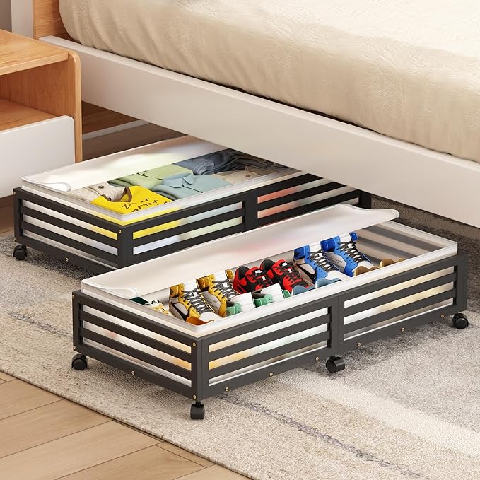 Under Bed Storage Containers With Wheels - 2 Pcs Large Bamboo Wood Rolling Underbed Shoe Storage Bins With Dust Bags for Clot