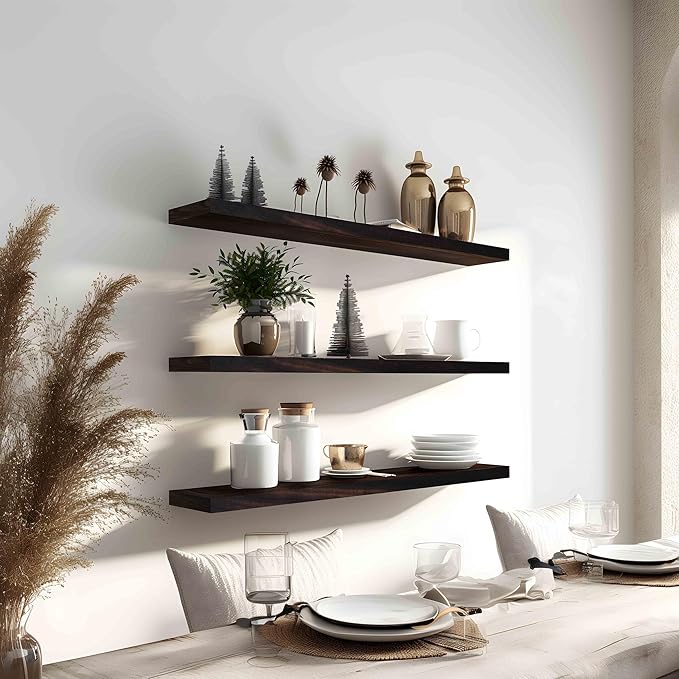 PHPH 36 Inch Wood Floating Shelves for Wall, Wooden Wall Shelves for Bedroom, Set of 4 Brown