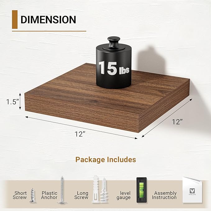 Vivelove Rustic Floating Shelves for Wall 12 Inch Deep, 12" X 12" X 1.5" Floating Shelf, 2 Inch Thick Shelf for Living Room B