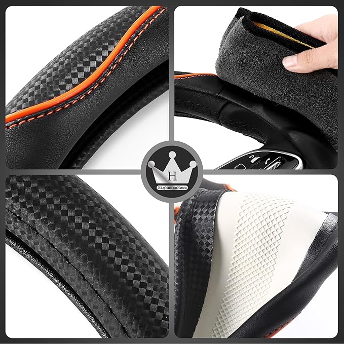 HighnessHwoo 3D Car Steering Wheel Cover Comfort Grip Massage Sporty Anti-Slip Carbon Fiber Faux Leather for F150, Trucks, Je