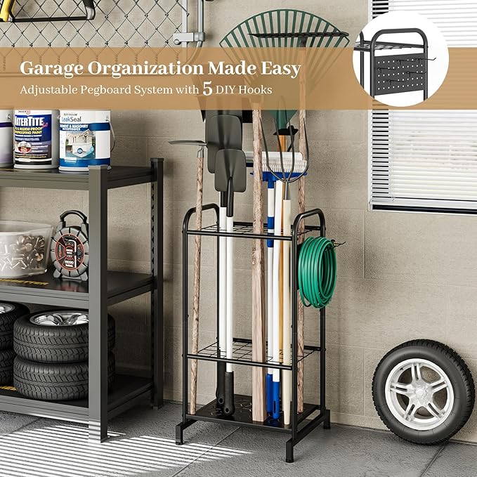 Garden Tool Organizer, Garage Tool Storage Rack, Heavy Duty Metal with Side Pegboard & Adjustable Hooks, Utility Racks for Sh