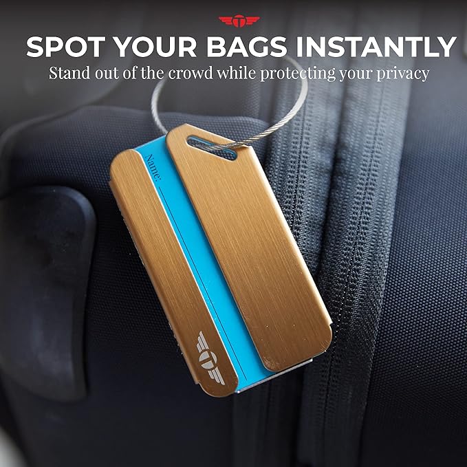 Heavy Duty Metal Luggage Tags for Suitcases| Indestructible Aluminum Travel Tag w/Steel Cable Loop & Smart Lost Bag Recovery,