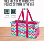 Extra Large Utility Tote Bag - Oversized Collapsible Reusable Wire Frame Rectangular Canvas Basket With Two Exterior Pockets For Beach, Pool, Laundry, Car Trunk, Storage - Chevron Multi