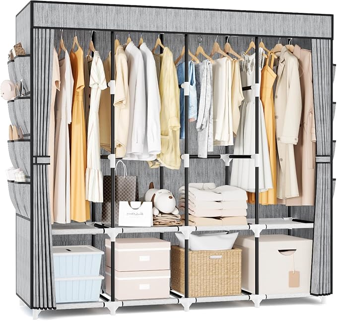 Portable Closet for Hanging Clothes, 67 Inch Wide Portable Wardrobe Closet with Cover, 4 Hanging Rod, Storage Shelves and Sid