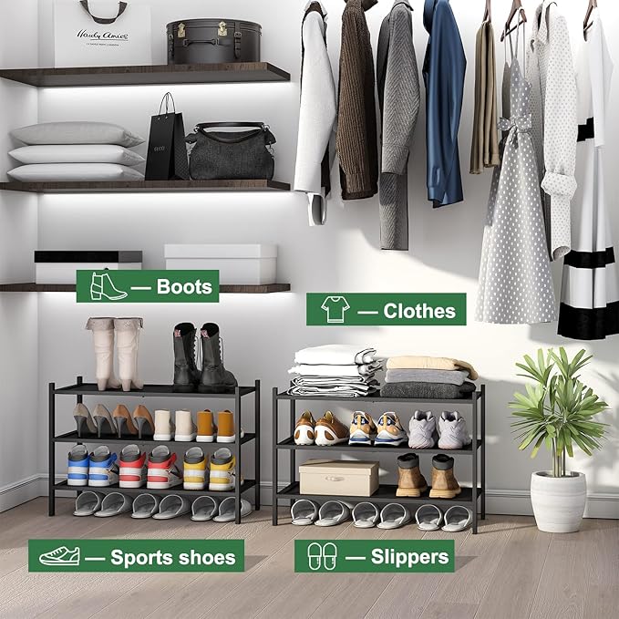 kiplant 3-Tier Black Bamboo Shoe Rack for Entryway, Stackable | Foldable | Natural, Shoe Organizer for Hallway Closet, Free S