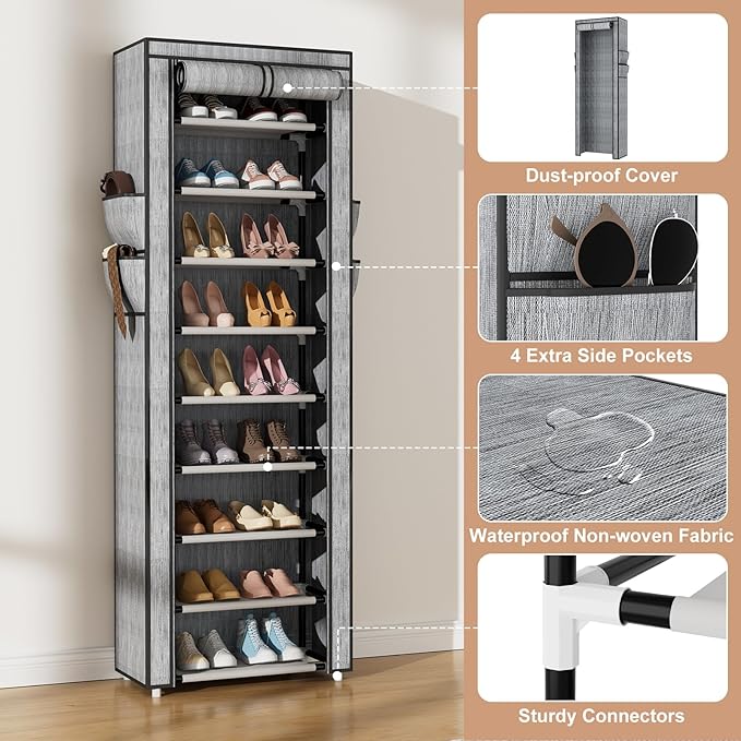 VILICK Shoe Rack with Cover Narrow Shoe Rack Organizer with 4 Side Pockets 10 Tier Tall Shoe Storage Shoe Shelf Holds 18-22 P