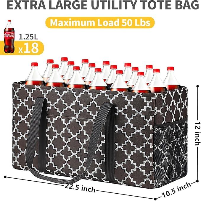 GhvyenntteS Extra Large Utility Tote Bag - Stand Up Utility Tote with Metal Wire Frame & Hard Bottom Board, Reusable Grocery Bags With Handles for Storage, Picnics, Beach, Pool, Laundry, Car, Camping