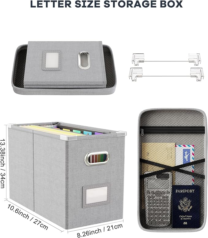 Oterri File Organizer Box with Lid, Hanging Filing File Box with Mesh Pocket, Document Organizer Box for Letter Files, Portab