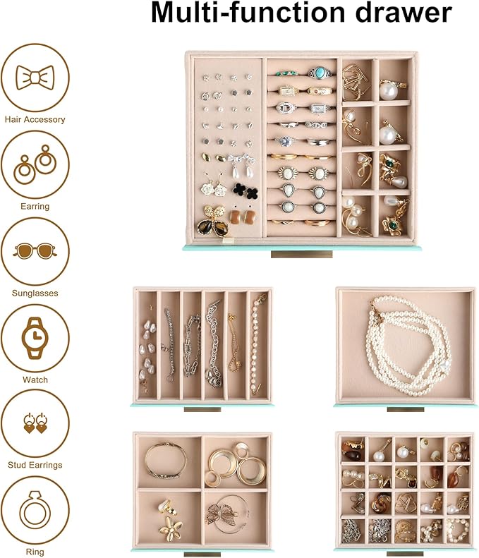 Frebeauty Clear Lid Jewelry Box,5-Layer Jewelry Organizer with Drawer,PU Leather Jewelry Organizers and Storage,Jewelry Boxes