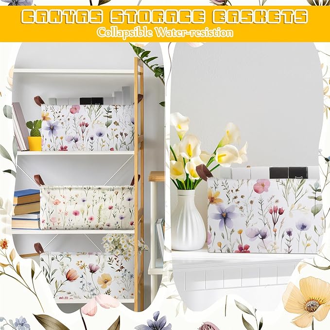 Boao 3 Pcs Wildflowers Storage Bin Wildflowers Collapsible Large Storage Baskets for Gifts Canvas Laundry Basket Foldable Box