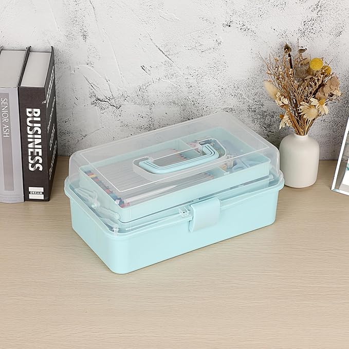 BTSKY 3-Layer Plastic Dividing Storage Box Craft Organizer and Storage with Adjustable Spacers Portable Handled Art Supply Or