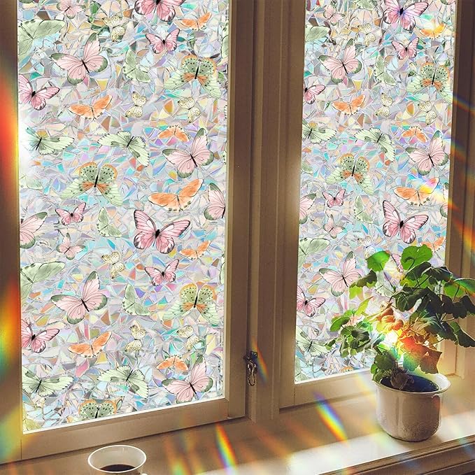Butterfly Stained Glass Privacy Window Film Decorative, Summer Rainbow Window Stickers Sunroof Decal for Car Glass Door Moonroof Heat Control Non-Adhesive, 16.9" x 39.4"